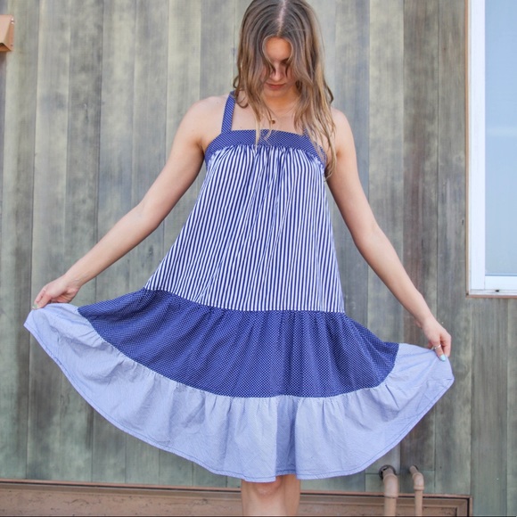 Vintage Handmade Blue Striped Flowy Halter Dress - Picture 4 of 8